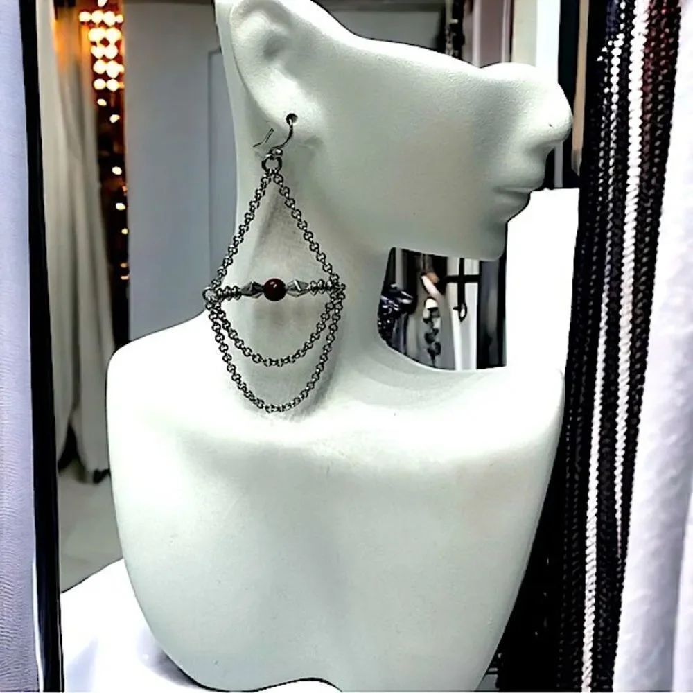 Silver Drop, Dangle Earrings l Purple Beaded Accent l 3” l Hook l New